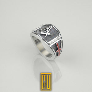 Band Style Masonic Ring With St George Cross - 925k Sterling Silver with Red Enamel - Masonic Ring, Handmade Men's Jewelry