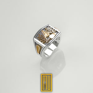 Masonic Ring 925K Sterling Silver With 14k Rose Gold Tools - Freemason Signet Ring, Handmade Men's Jewelry
