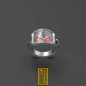 Band Style Masonic Golden Ring With Canada Flag  - Handmade Freemason Jewelry