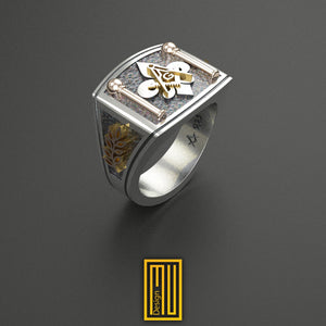 Masonic Ring with Fleur de Lis, 925k Solid Silver with 14k Rose Gold - Handmade Freemason Jewelry
