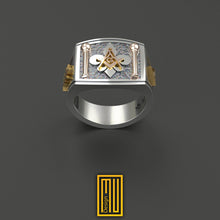 Masonic Ring with Fleur de Lis, 925k Solid Silver with 14k Rose Gold - Handmade Freemason Jewelry