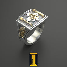Masonic Ring with Fleur de Lis, 925k Solid Silver with 14k Rose Gold - Handmade Freemason Jewelry