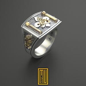 Masonic Ring with Fleur de Lis, 925k Solid Silver with 14k Rose Gold - Handmade Freemason Jewelry