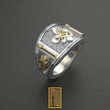 Band Style Masonic Ring with Fleur De Lis 925K Sterling Silver with 14k Rose Gold - Handmade Freemason Ring