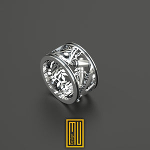 Masonic Band Style Past Master Ring, 925k Sterling Silver - Handmade Men's Jewelry